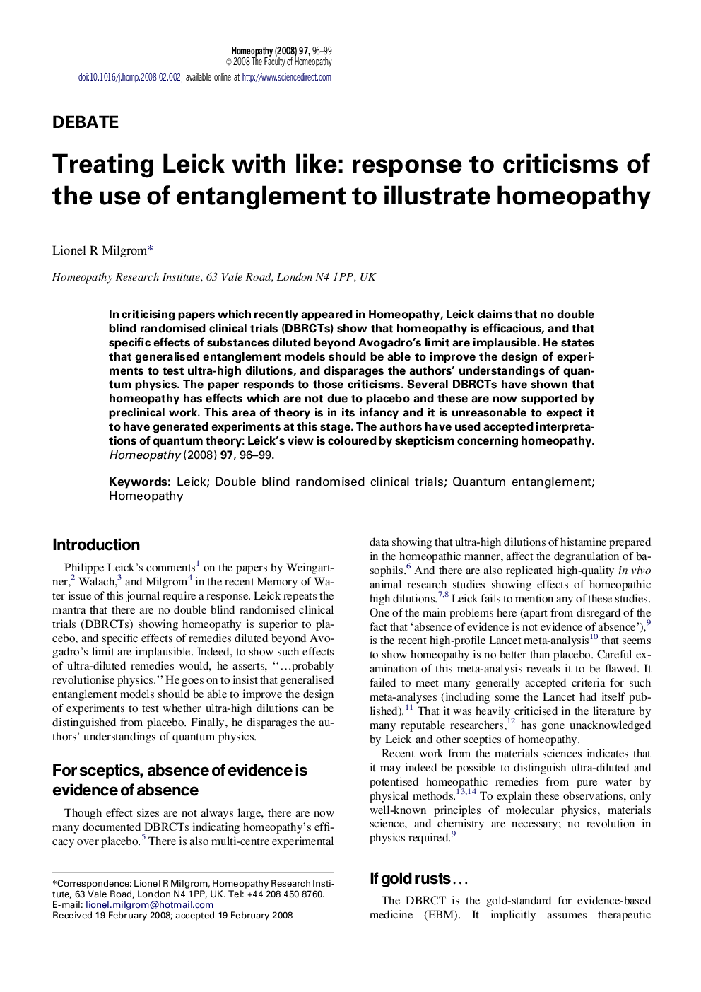 Treating Leick with like: response to criticisms of the use of entanglement to illustrate homeopathy