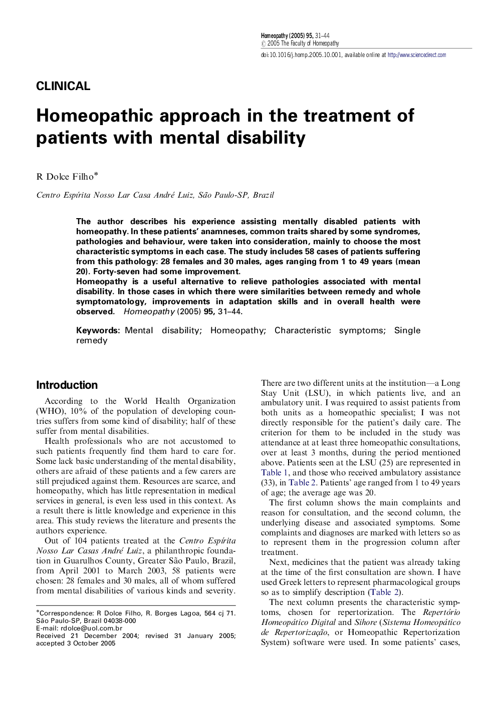 Homeopathic approach in the treatment of patients with mental disability