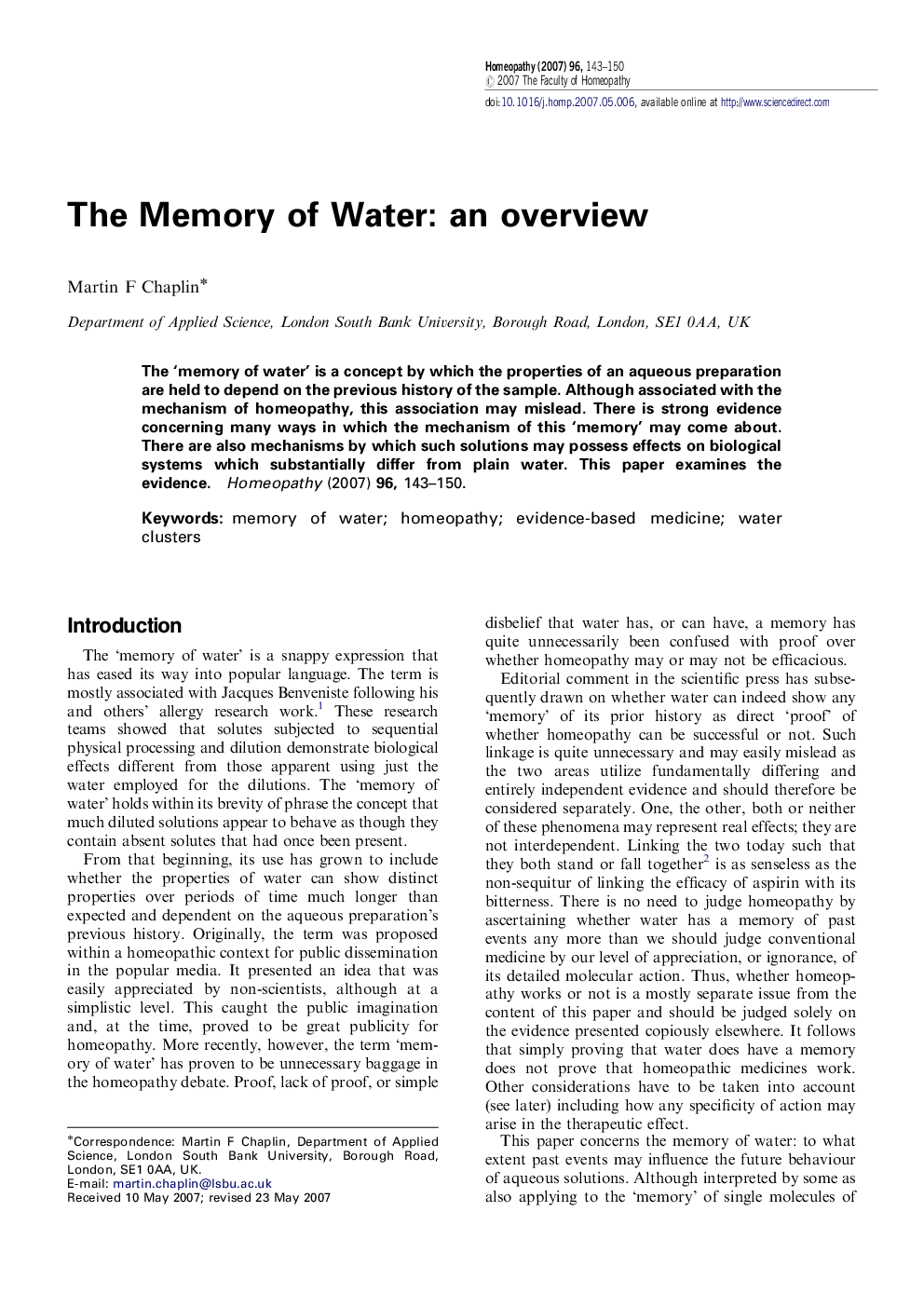 The Memory of Water: an overview