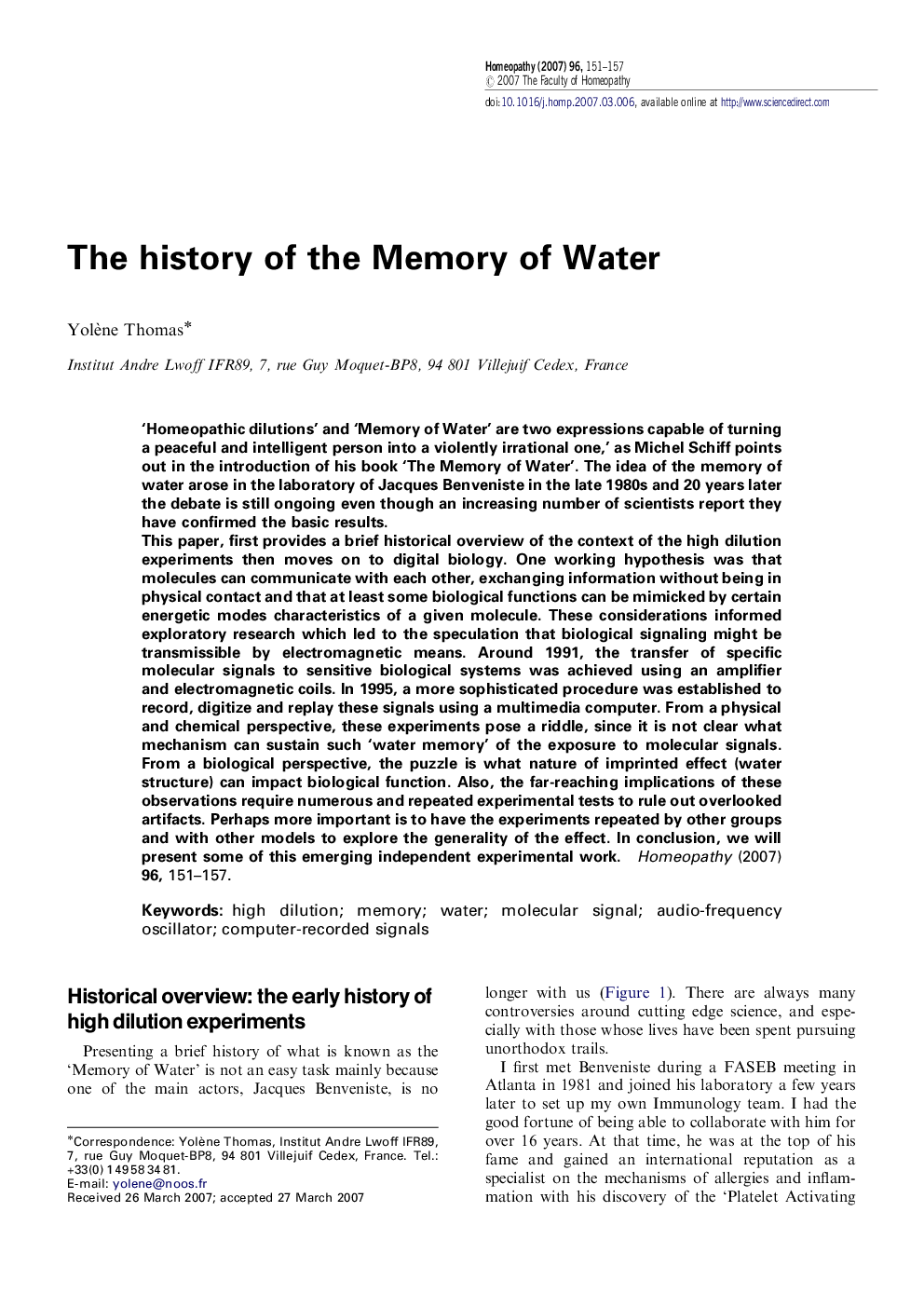 The history of the Memory of Water