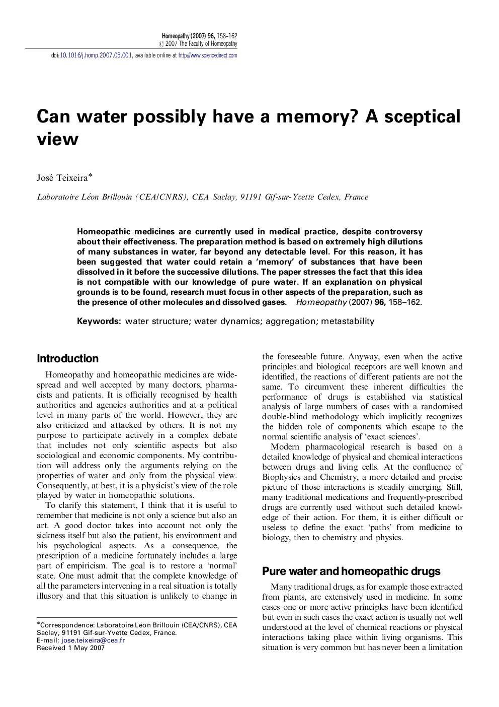 Can water possibly have a memory? A sceptical view