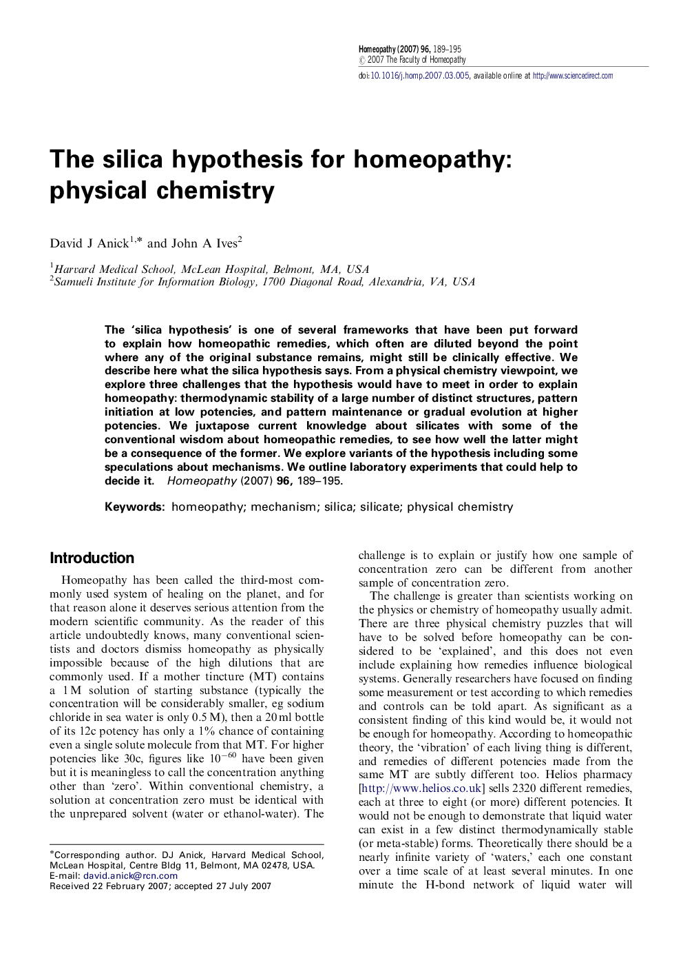 The silica hypothesis for homeopathy: physical chemistry