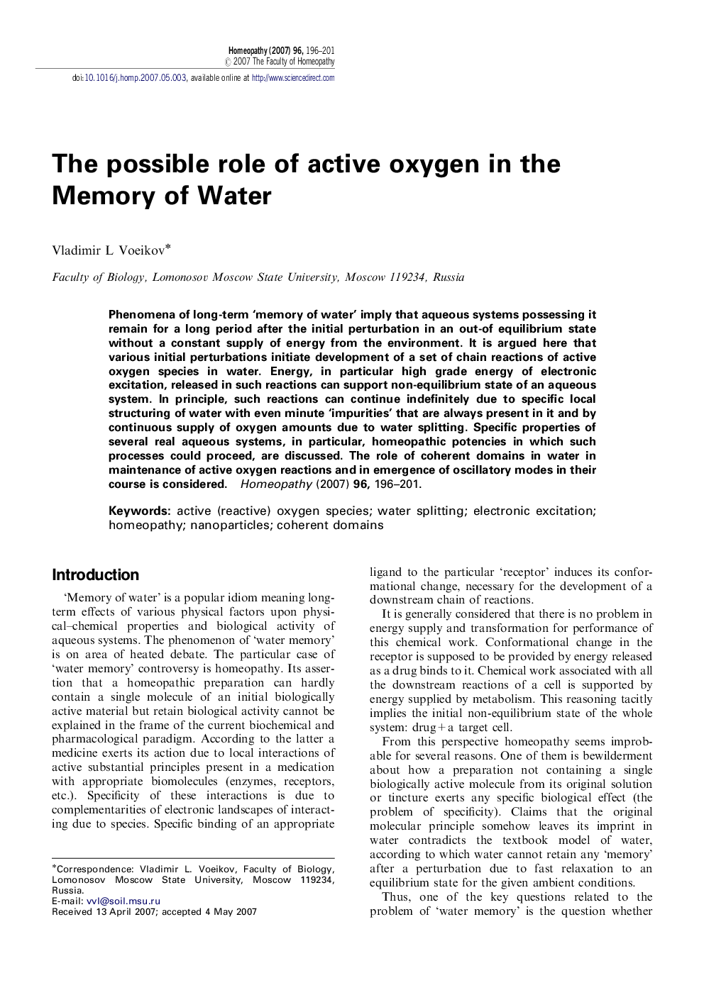 The possible role of active oxygen in the Memory of Water