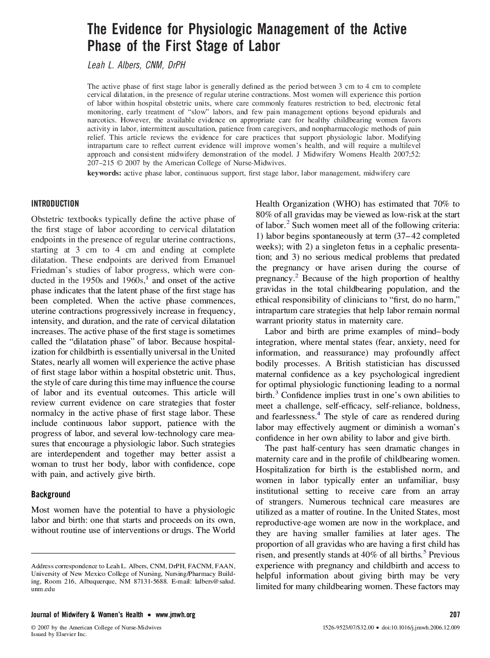 The Evidence for Physiologic Management of the Active Phase of the First Stage of Labor