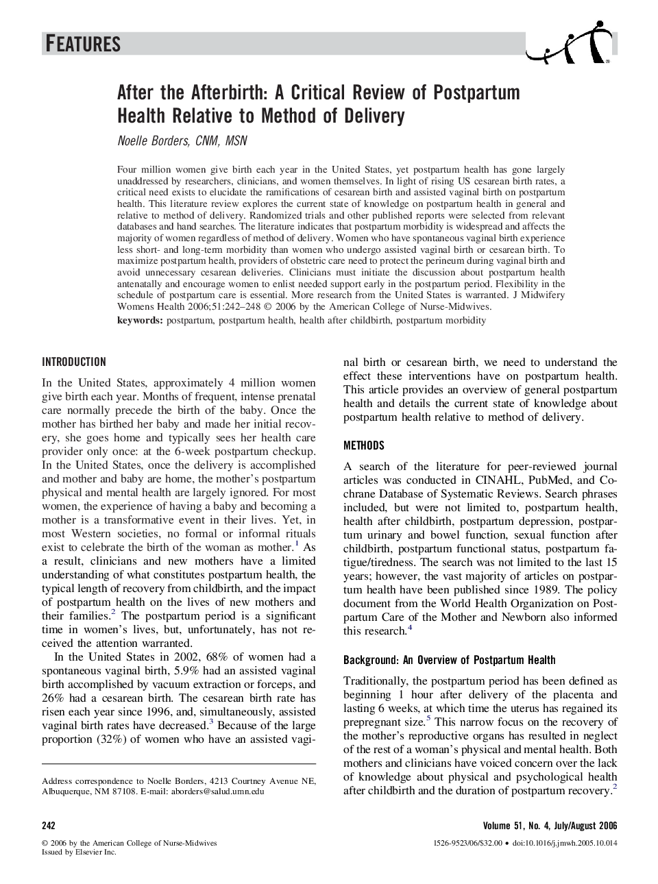 After the Afterbirth: A Critical Review of Postpartum Health Relative to Method of Delivery