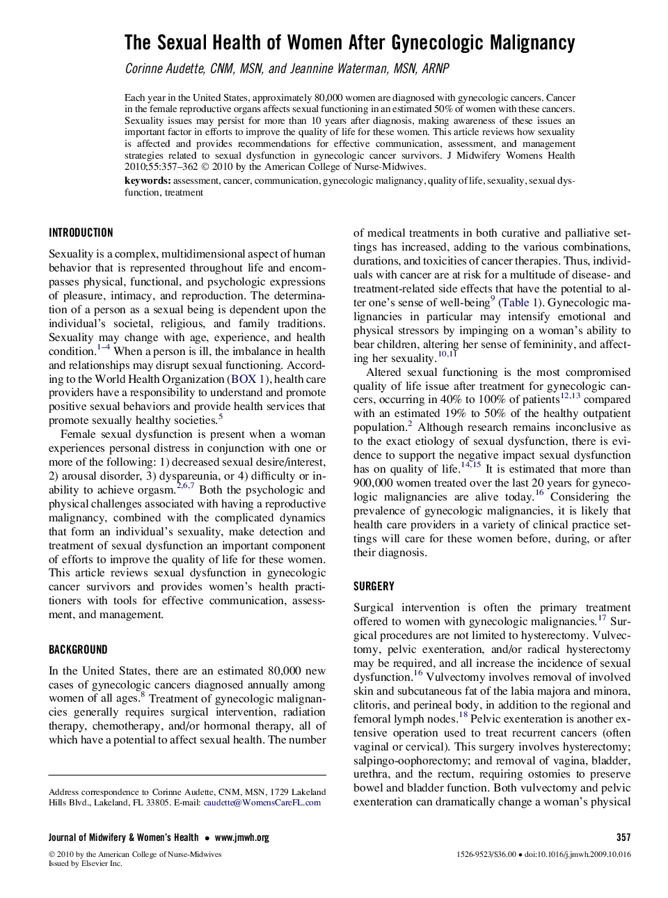 The Sexual Health of Women After Gynecologic Malignancy