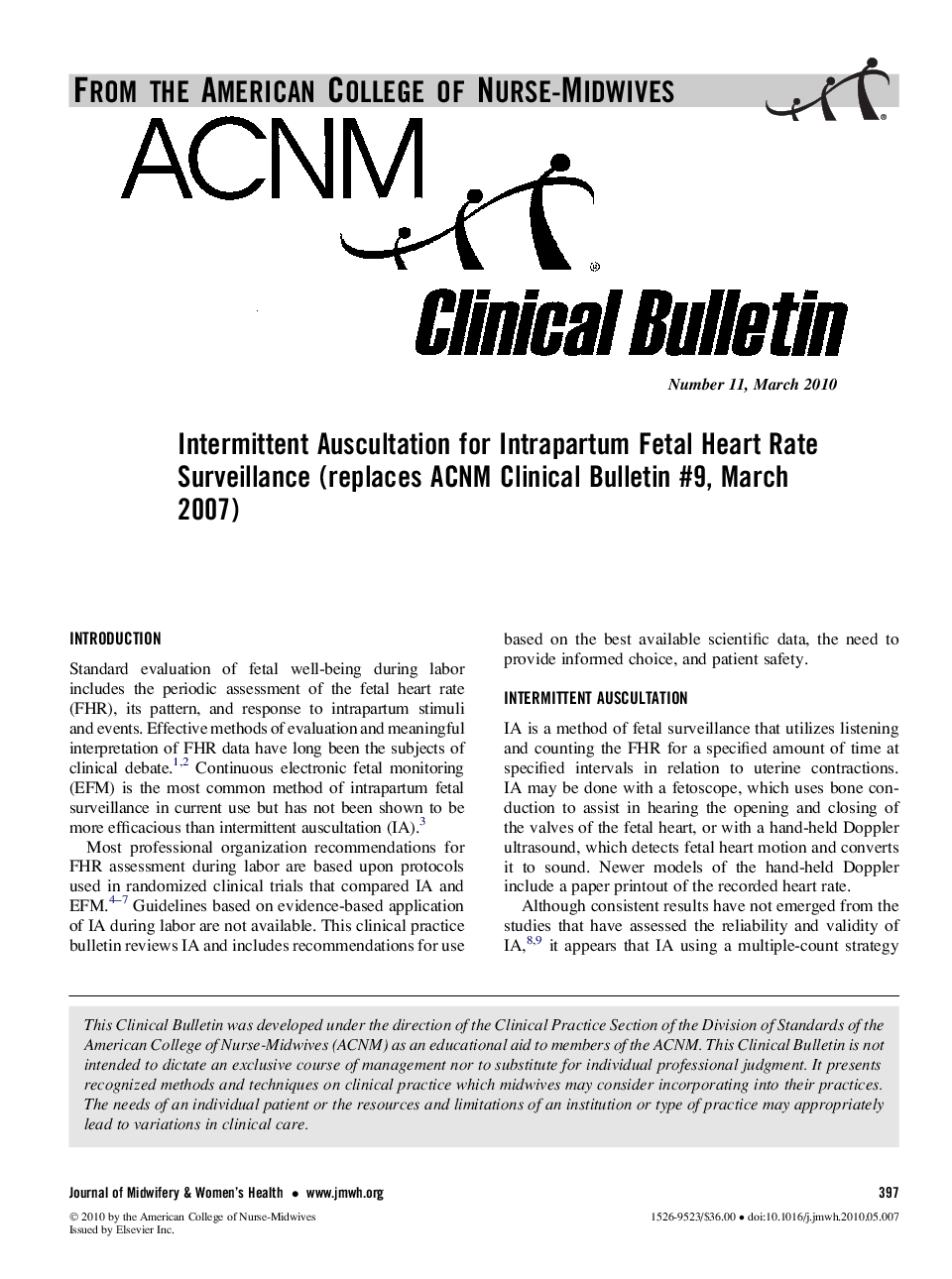 عکس صفحه اول مقاله: Intermittent Auscultation for Intrapartum Fetal Heart Rate Surveillance (replaces ACNM Clinical Bulletin #9, March 2007) Intermittent Auscultation for Intrapartum Fetal Heart Rate Surveillance (replaces ACNM Clinical Bulletin #9, March 2007)