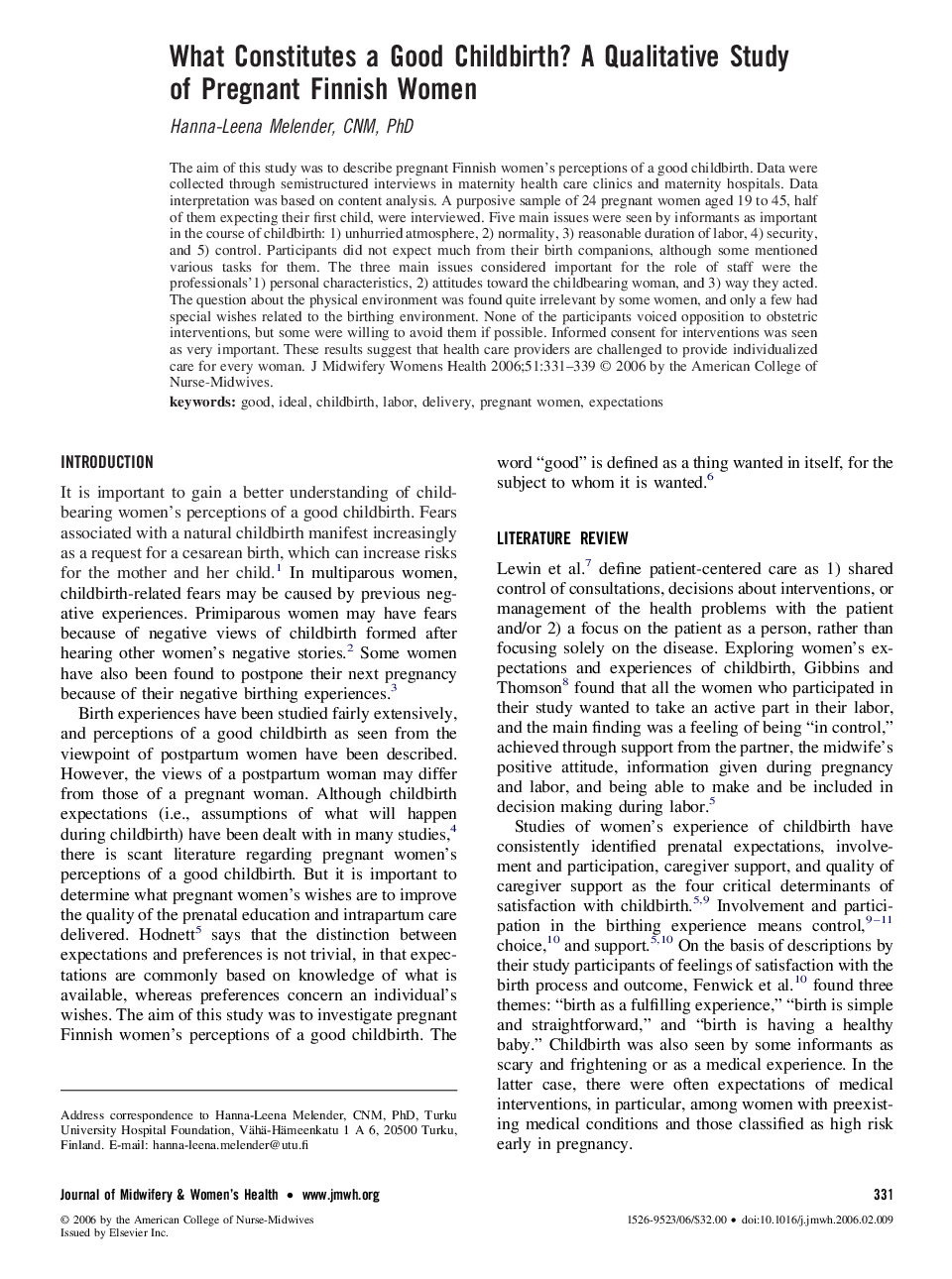 What Constitutes a Good Childbirth? A Qualitative Study of Pregnant Finnish Women