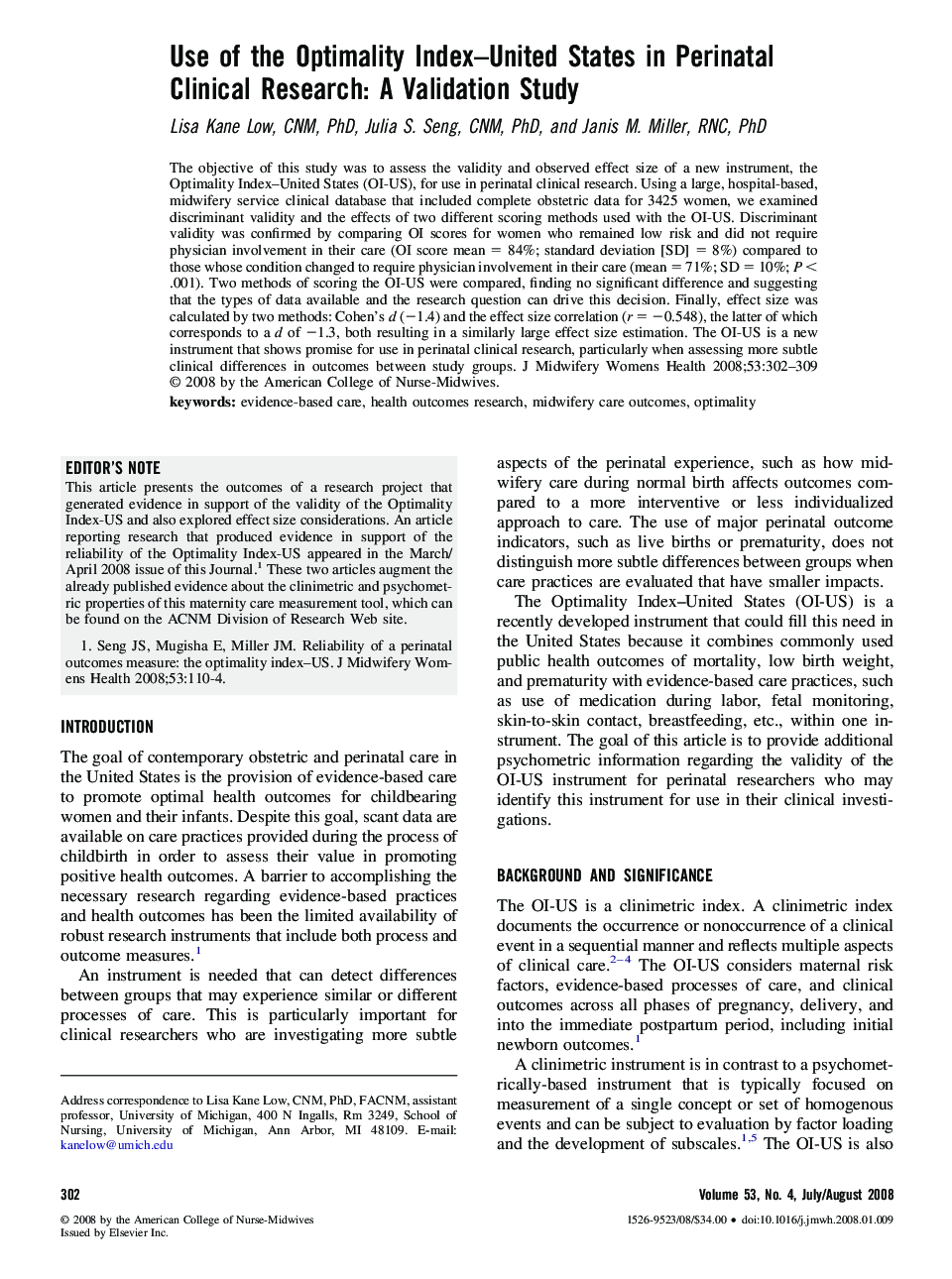 Use of the Optimality Index-United States in Perinatal Clinical Research: A Validation Study