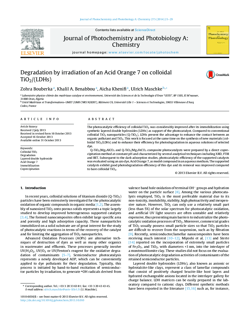 Degradation by irradiation of an Acid Orange 7 on colloidal TiO2/(LDHs)