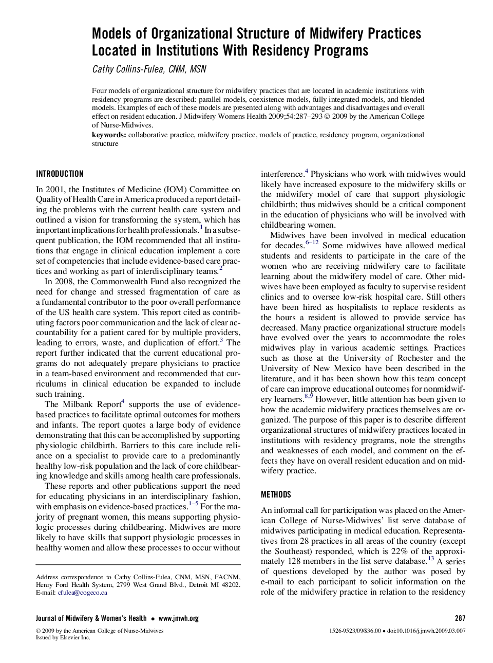 Models of Organizational Structure of Midwifery Practices Located in Institutions With Residency Programs