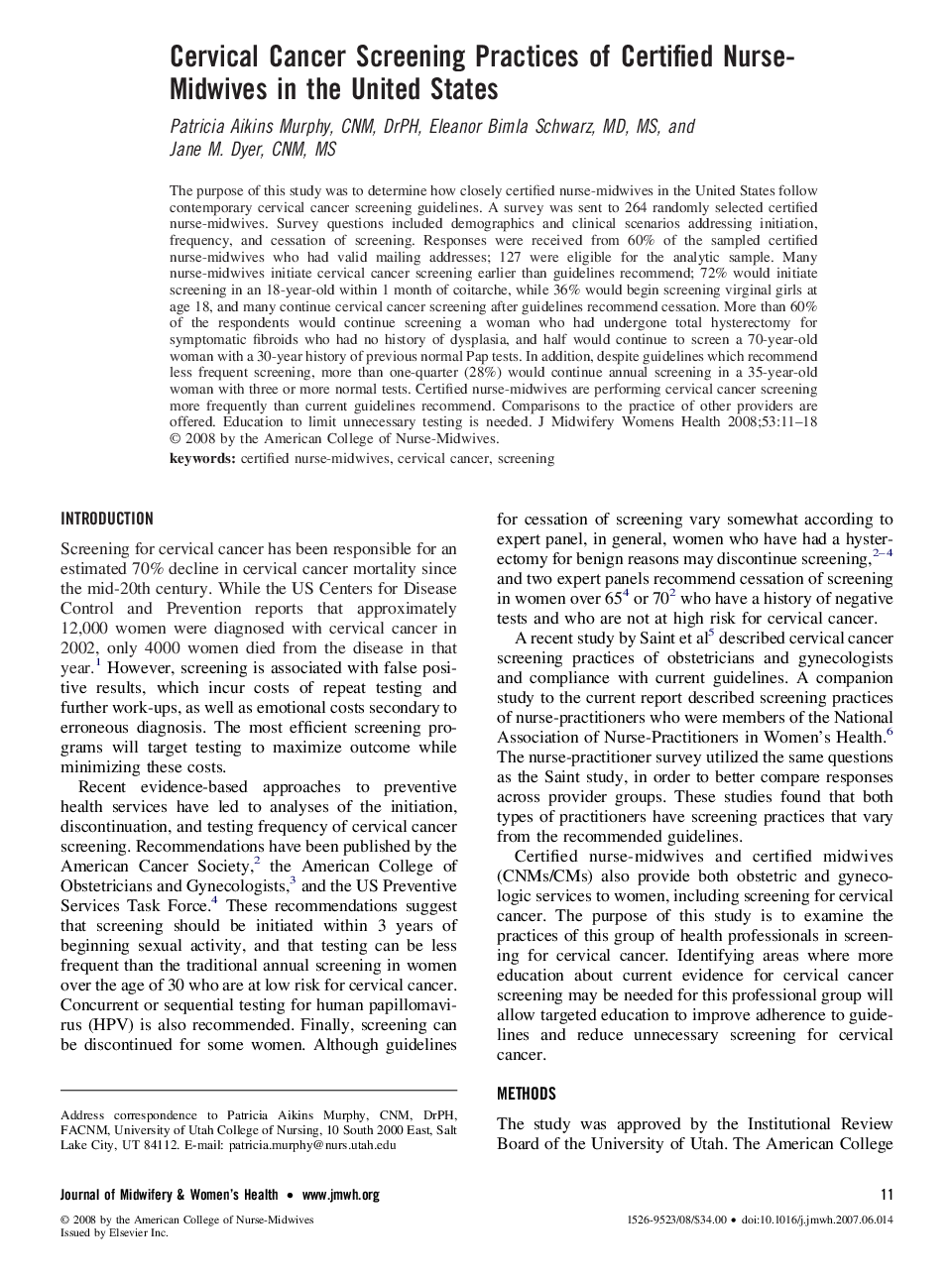 Cervical Cancer Screening Practices of Certified Nurse-Midwives in the United States