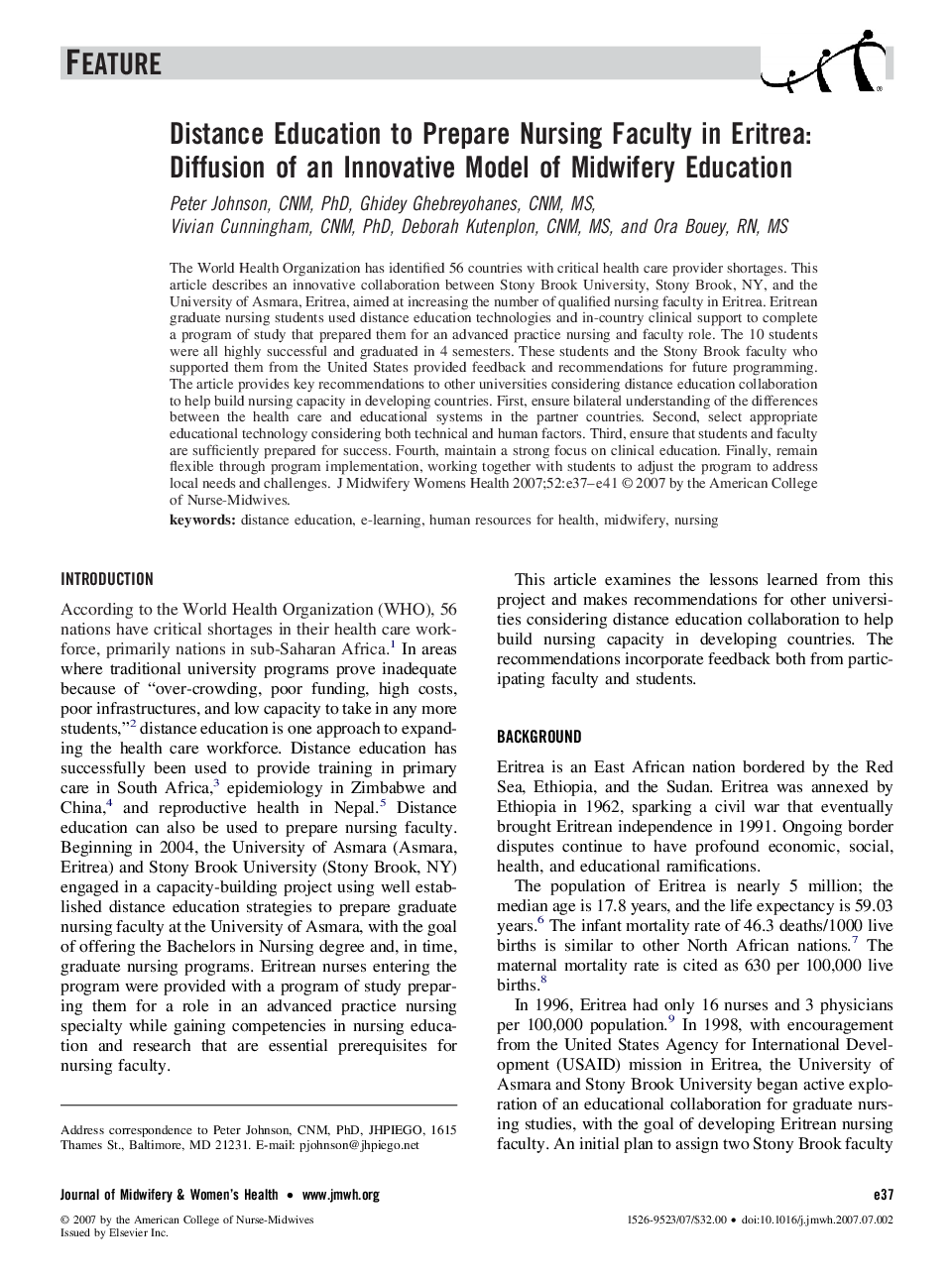 عکس صفحه اول مقاله: Distance Education to Prepare Nursing Faculty in Eritrea: Diffusion of an Innovative Model of Midwifery Education Distance Education to Prepare Nursing Faculty in Eritrea: Diffusion of an Innovative Model of Midwifery Education