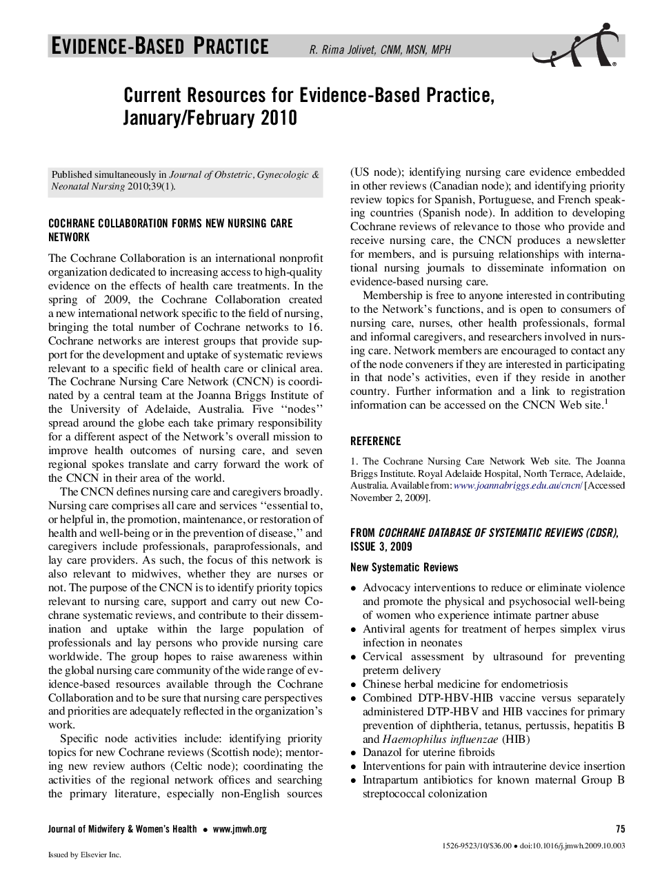 عکس صفحه اول مقاله: Current Resources for Evidence-Based Practice, January/February 2010 Current Resources for Evidence-Based Practice, January/February 2010