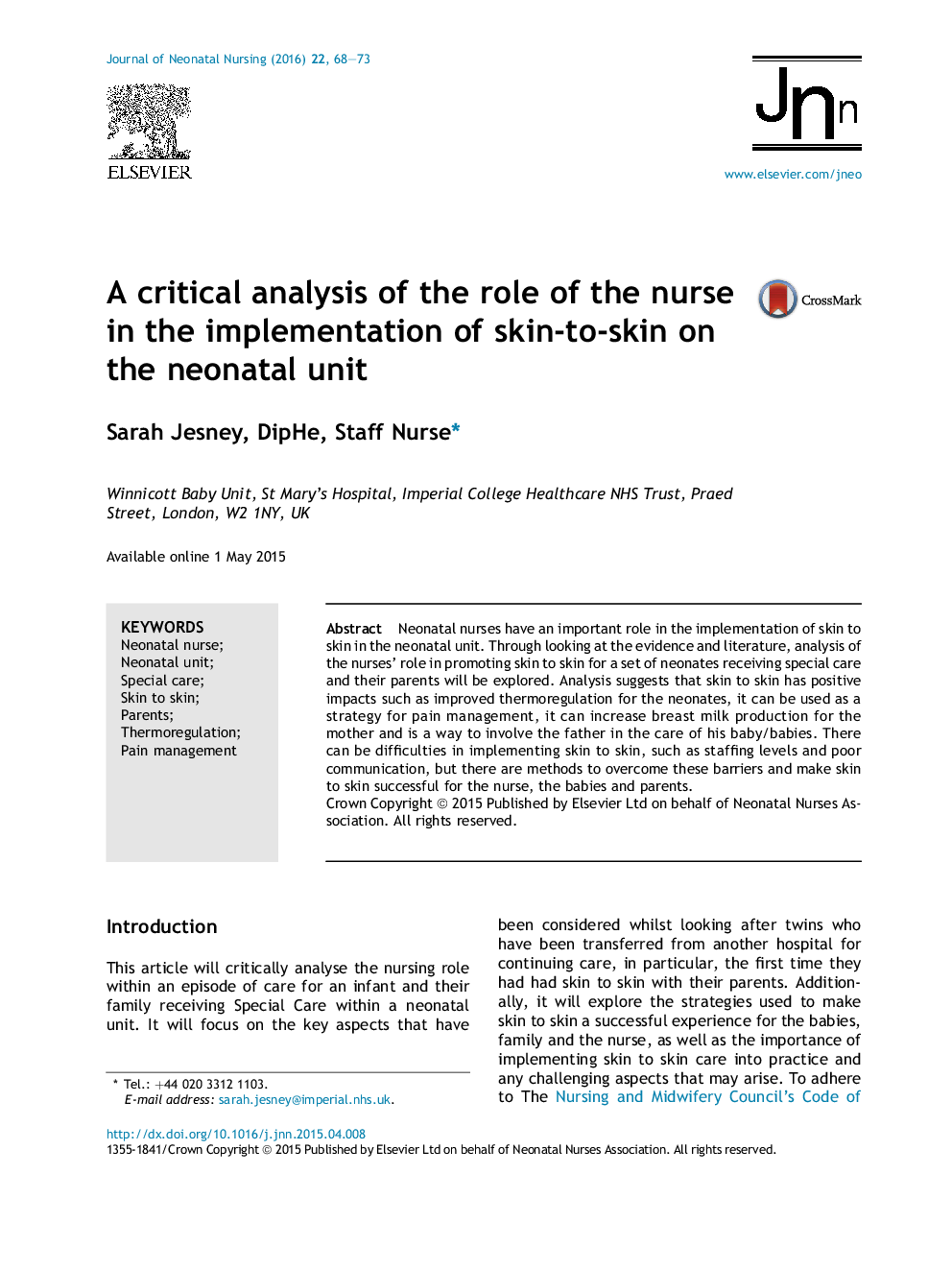 A critical analysis of the role of the nurse in the implementation of skin-to-skin on the neonatal unit