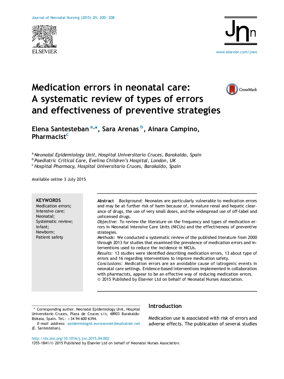 Medication errors in neonatal care: A systematic review of types of errors and effectiveness of preventive strategies