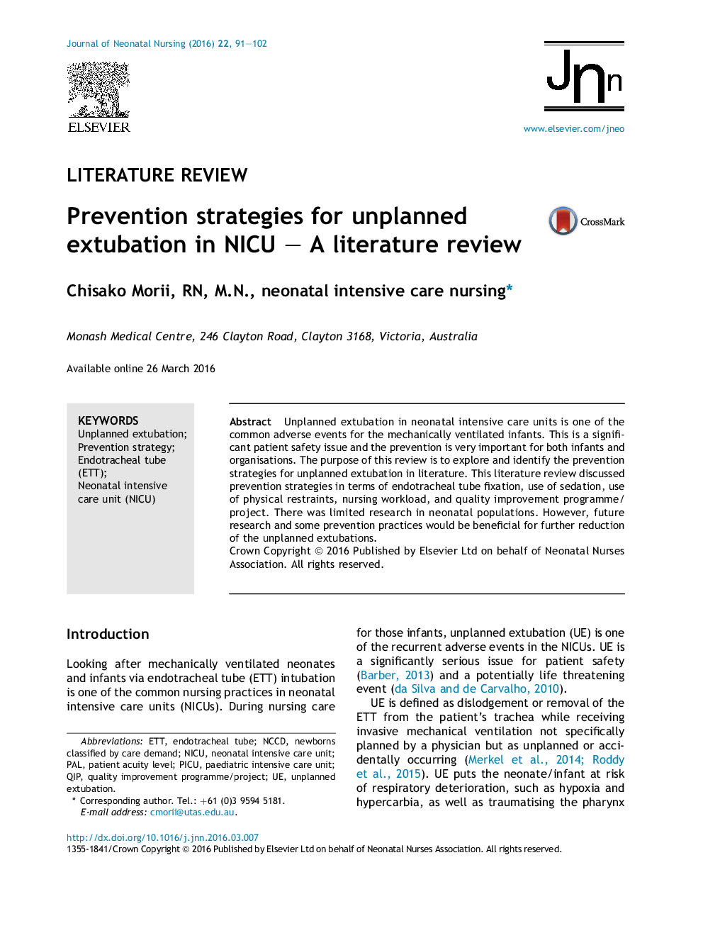 Prevention strategies for unplanned extubation in NICU – A literature review