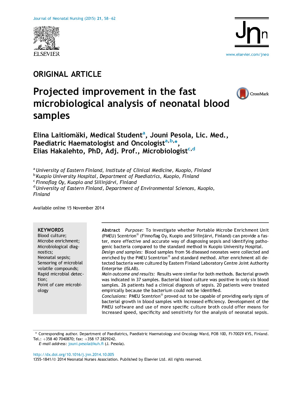 Projected improvement in the fast microbiological analysis of neonatal blood samples