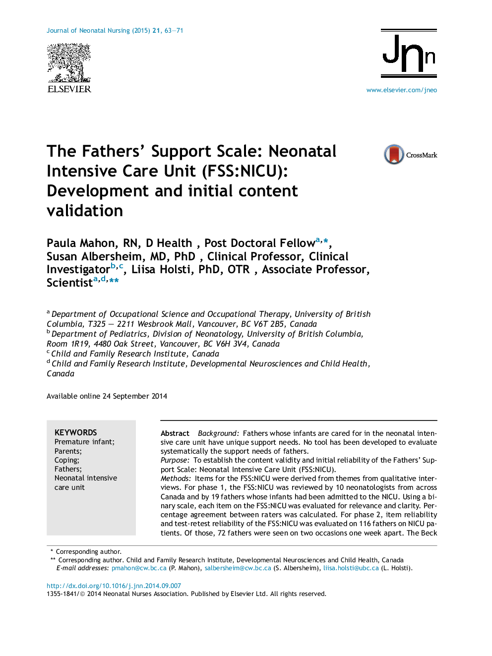 The Fathers' Support Scale: Neonatal Intensive Care Unit (FSS:NICU): Development and initial content validation