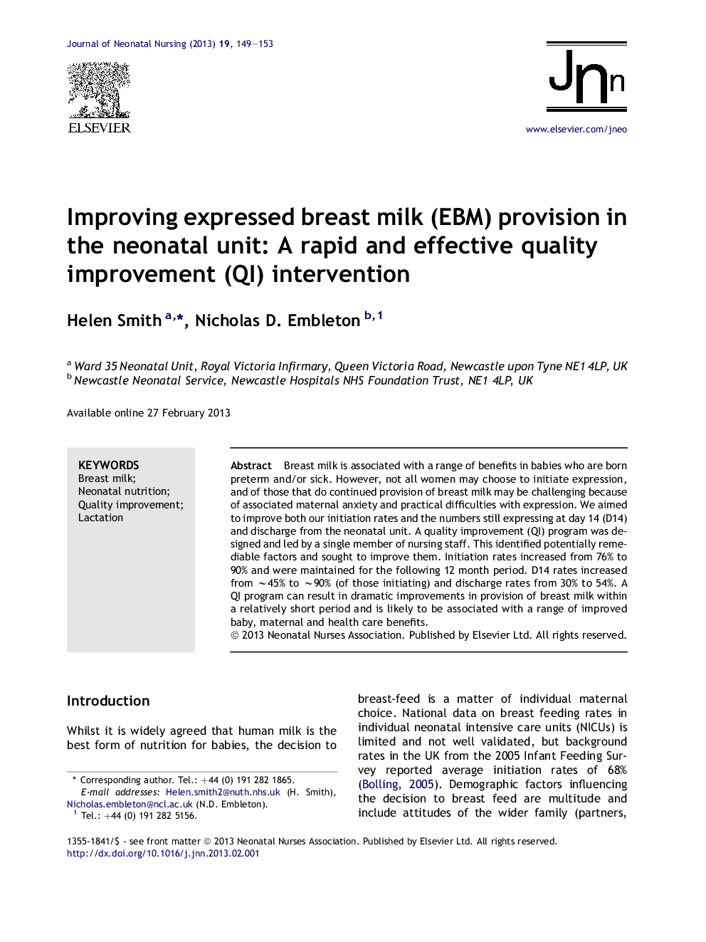 Improving expressed breast milk (EBM) provision in the neonatal unit: A rapid and effective quality improvement (QI) intervention