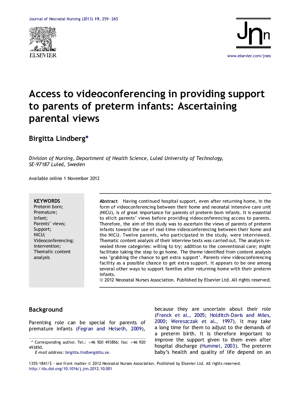 Access to videoconferencing in providing support to parents of preterm infants: Ascertaining parental views