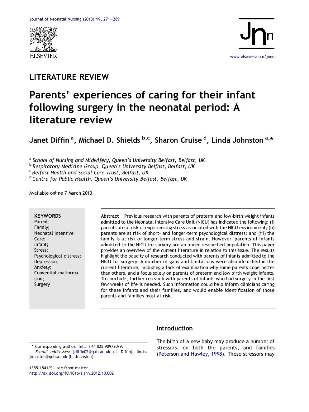 Parents' experiences of caring for their infant following surgery in the neonatal period: A literature review