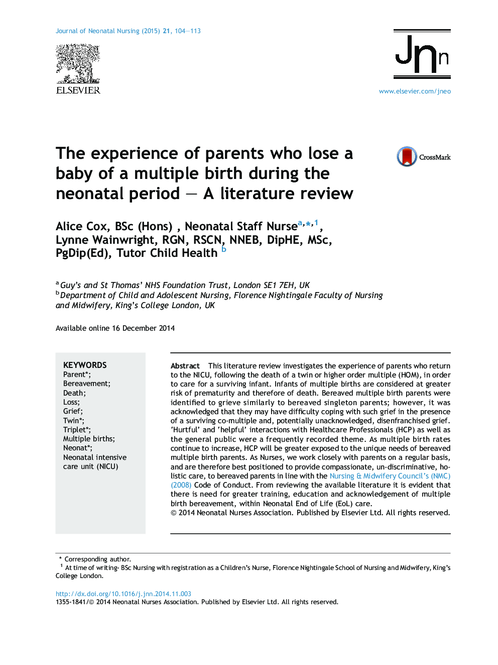 The experience of parents who lose a baby of a multiple birth during the neonatal period – A literature review