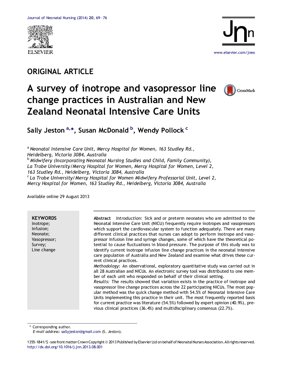 A survey of inotrope and vasopressor line change practices in Australian and New Zealand Neonatal Intensive Care Units