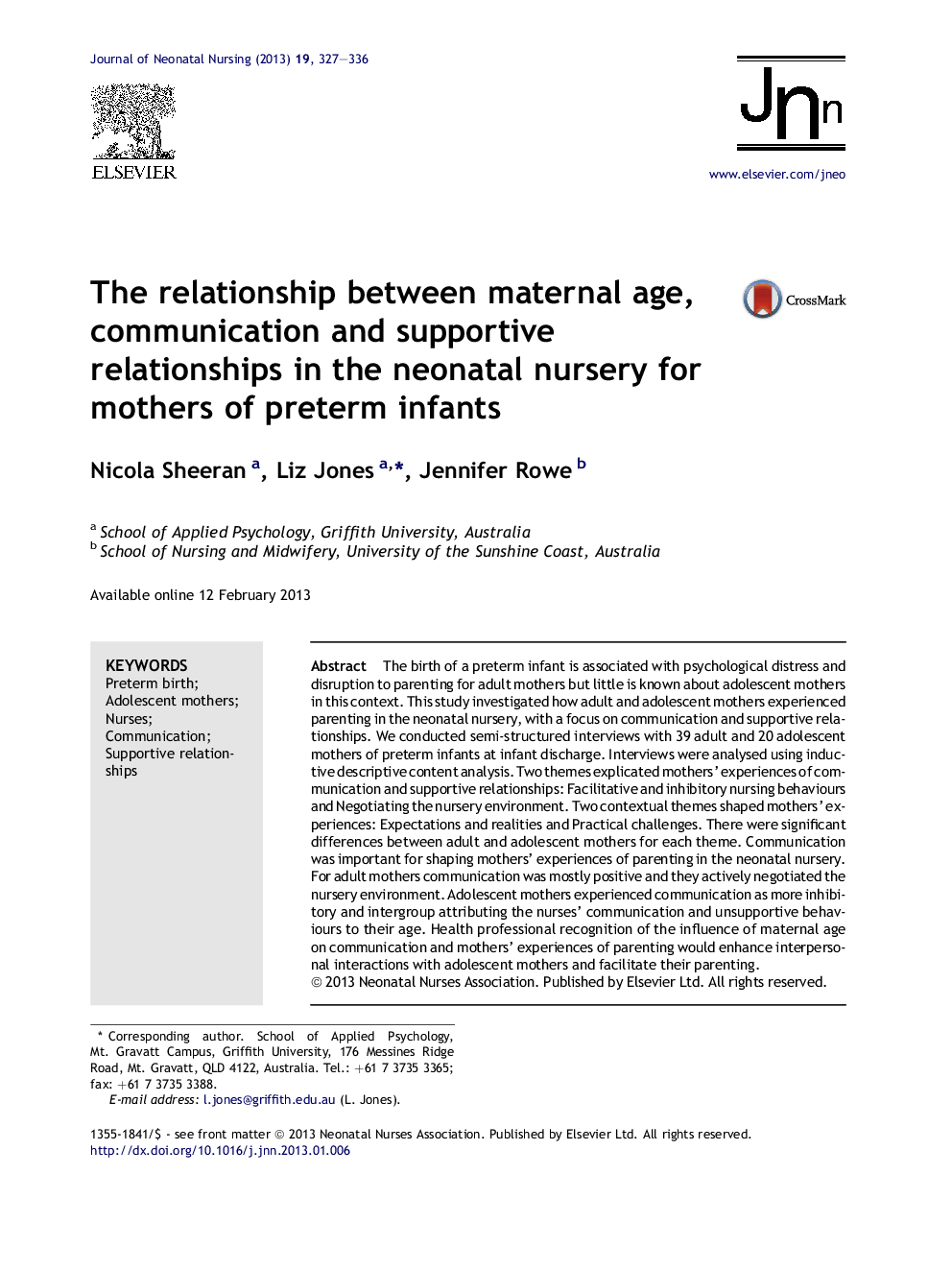 The relationship between maternal age, communication and supportive relationships in the neonatal nursery for mothers of preterm infants