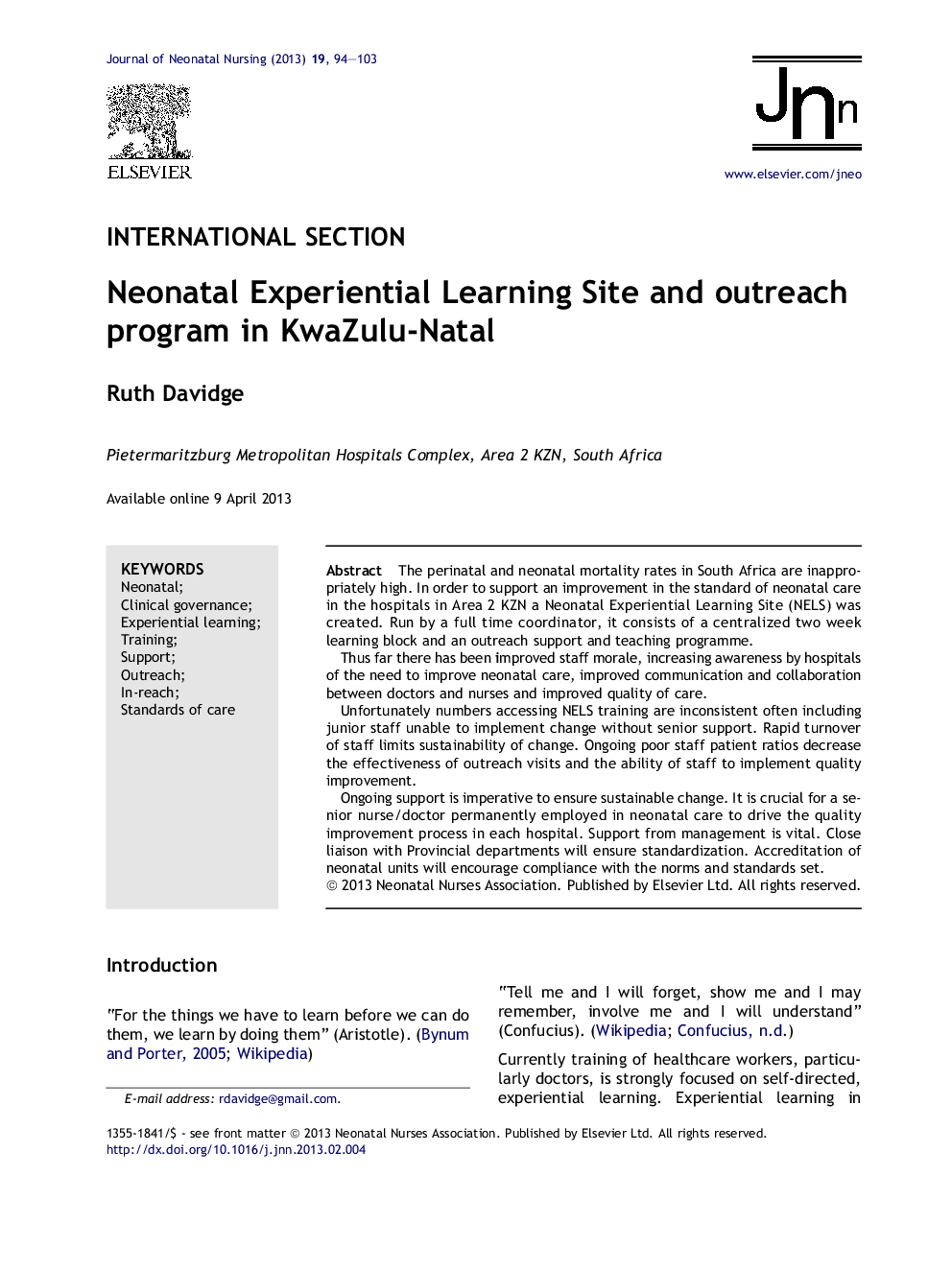 Neonatal Experiential Learning Site and outreach program in KwaZulu-Natal