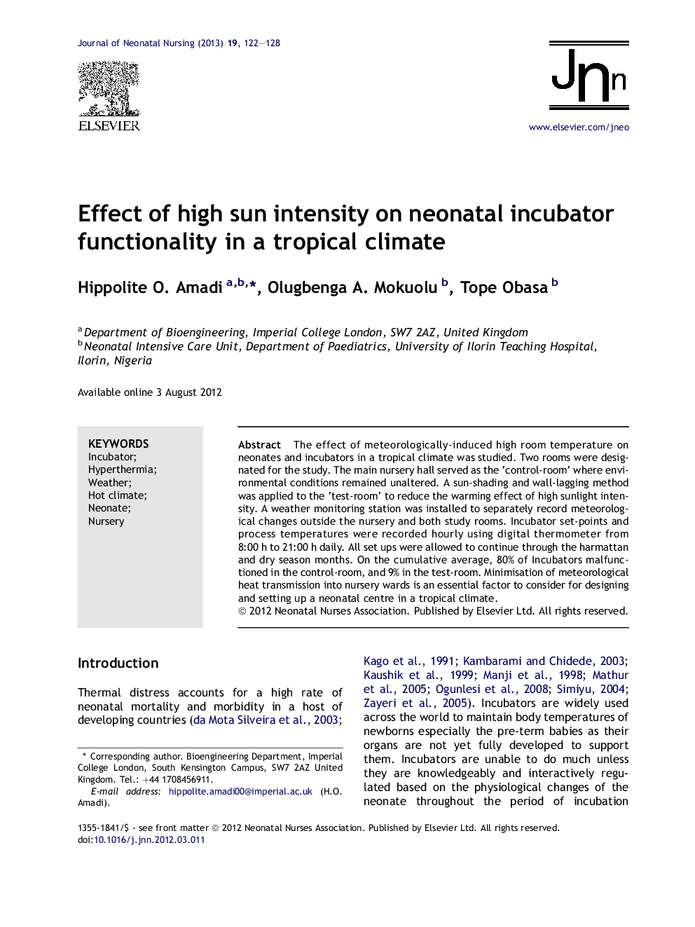 Effect of high sun intensity on neonatal incubator functionality in a tropical climate