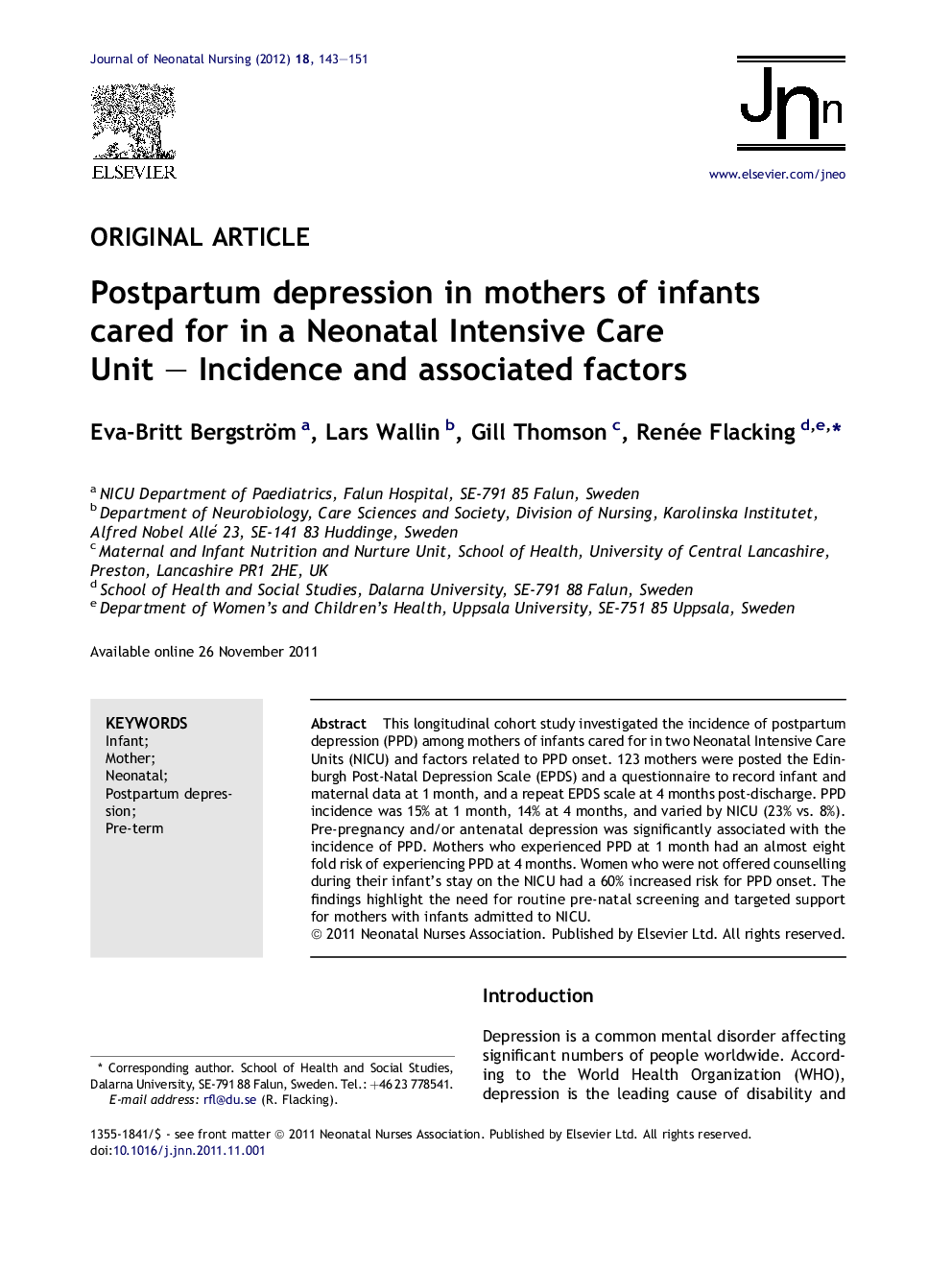 Postpartum depression in mothers of infants cared for in a Neonatal Intensive Care Unit – Incidence and associated factors