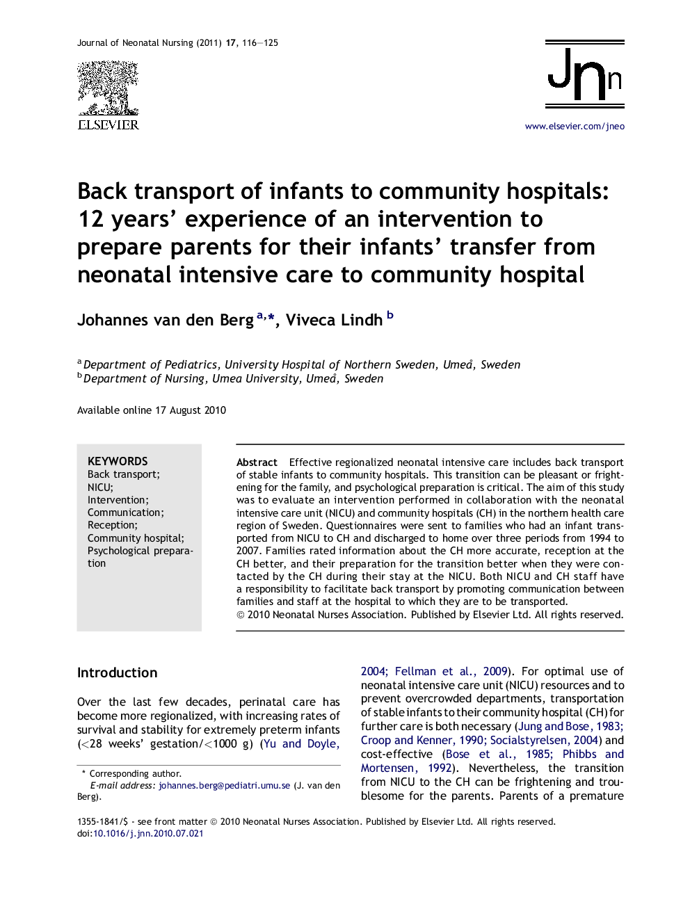 Back transport of infants to community hospitals: 12 years’ experience of an intervention to prepare parents for their infants’ transfer from neonatal intensive care to community hospital