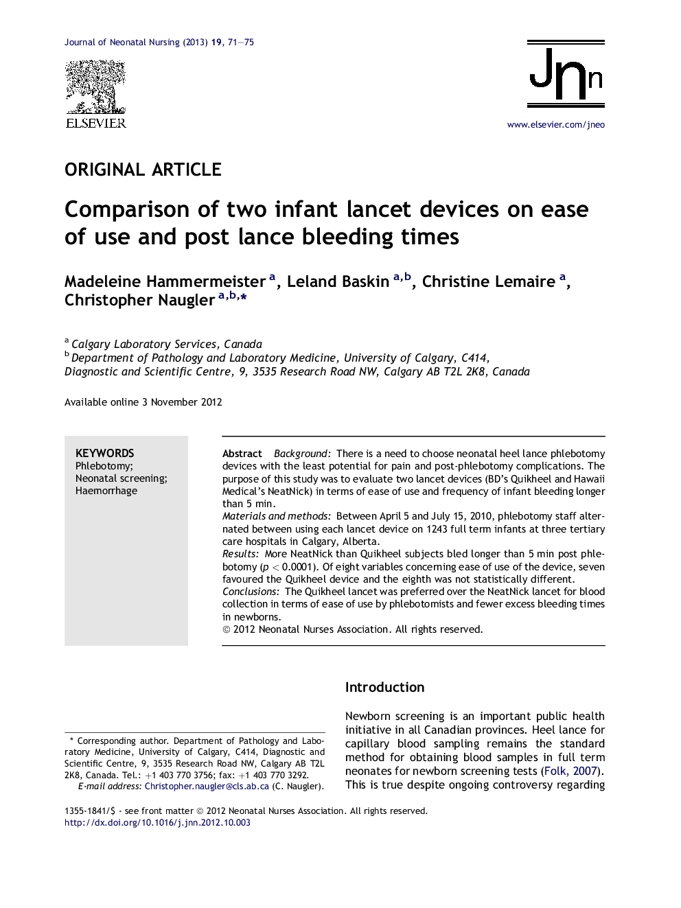 Comparison of two infant lancet devices on ease of use and post lance bleeding times