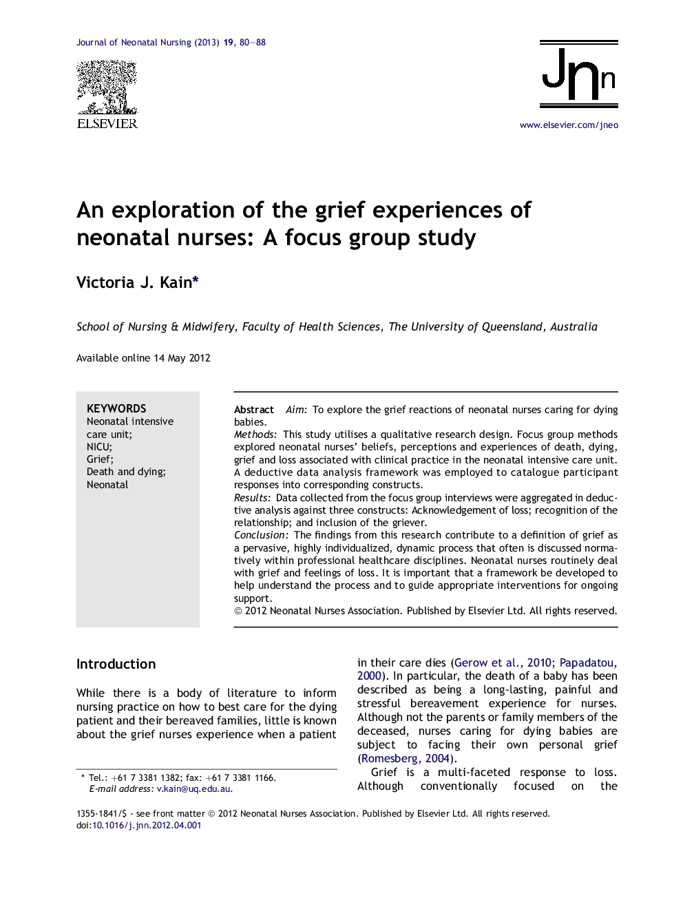 An exploration of the grief experiences of neonatal nurses: A focus group study