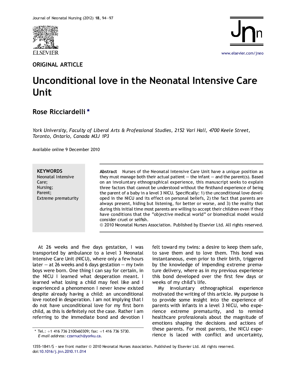 Unconditional love in the Neonatal Intensive Care Unit