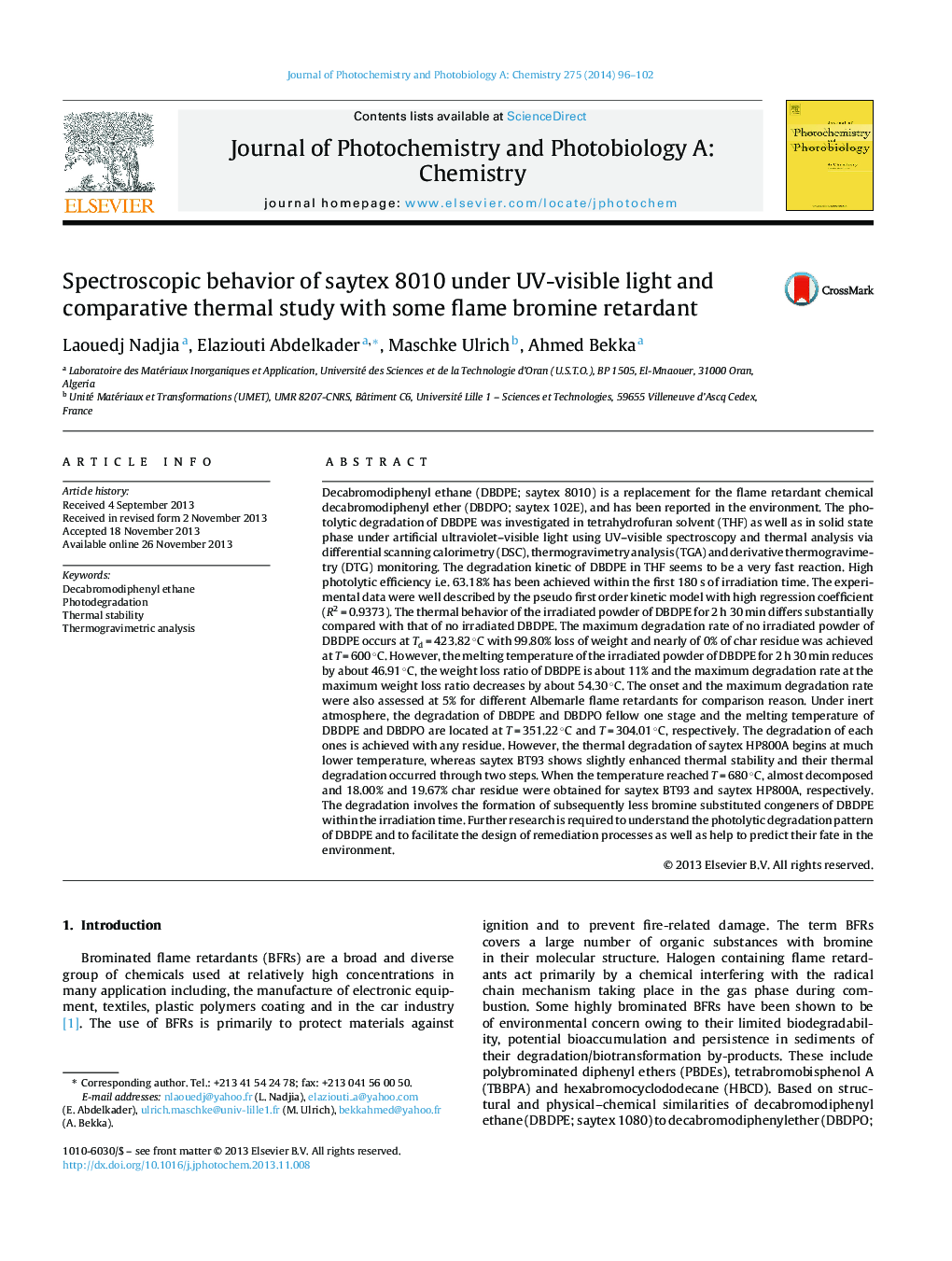 Spectroscopic behavior of saytex 8010 under UV-visible light and comparative thermal study with some flame bromine retardant