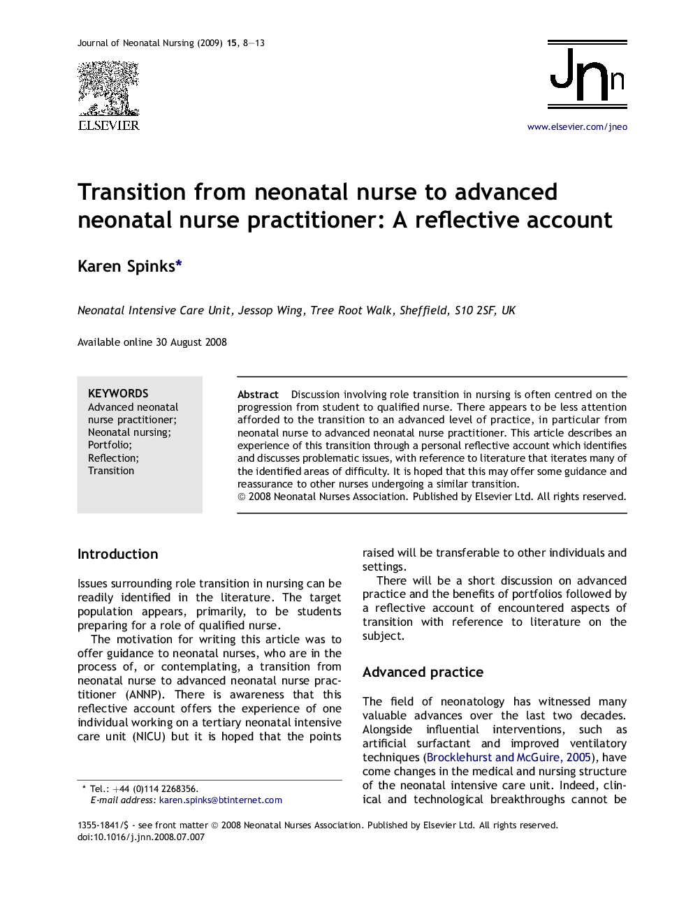 Transition from neonatal nurse to advanced neonatal nurse practitioner: A reflective account