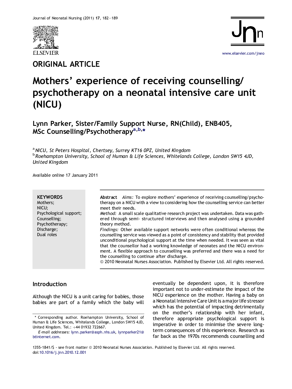 Mothers’ experience of receiving counselling/psychotherapy on a neonatal intensive care unit (NICU)