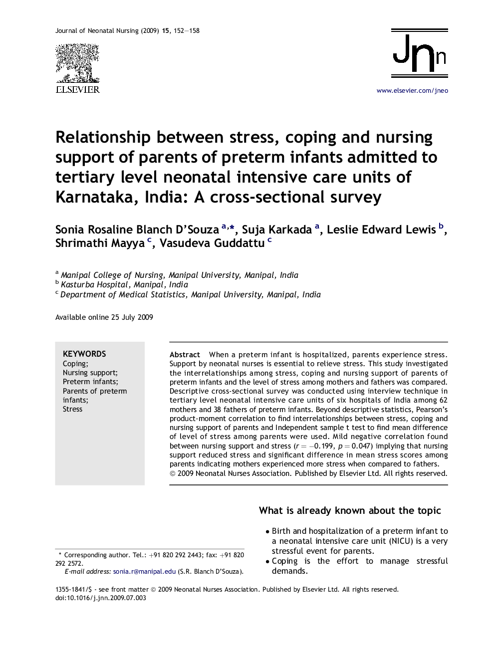 Relationship between stress, coping and nursing support of parents of preterm infants admitted to tertiary level neonatal intensive care units of Karnataka, India: A cross-sectional survey