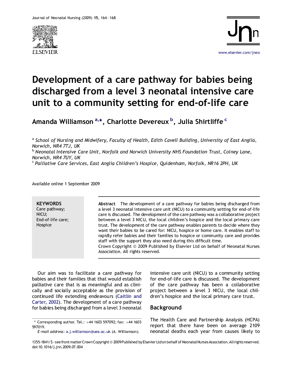 Development of a care pathway for babies being discharged from a level 3 neonatal intensive care unit to a community setting for end-of-life care