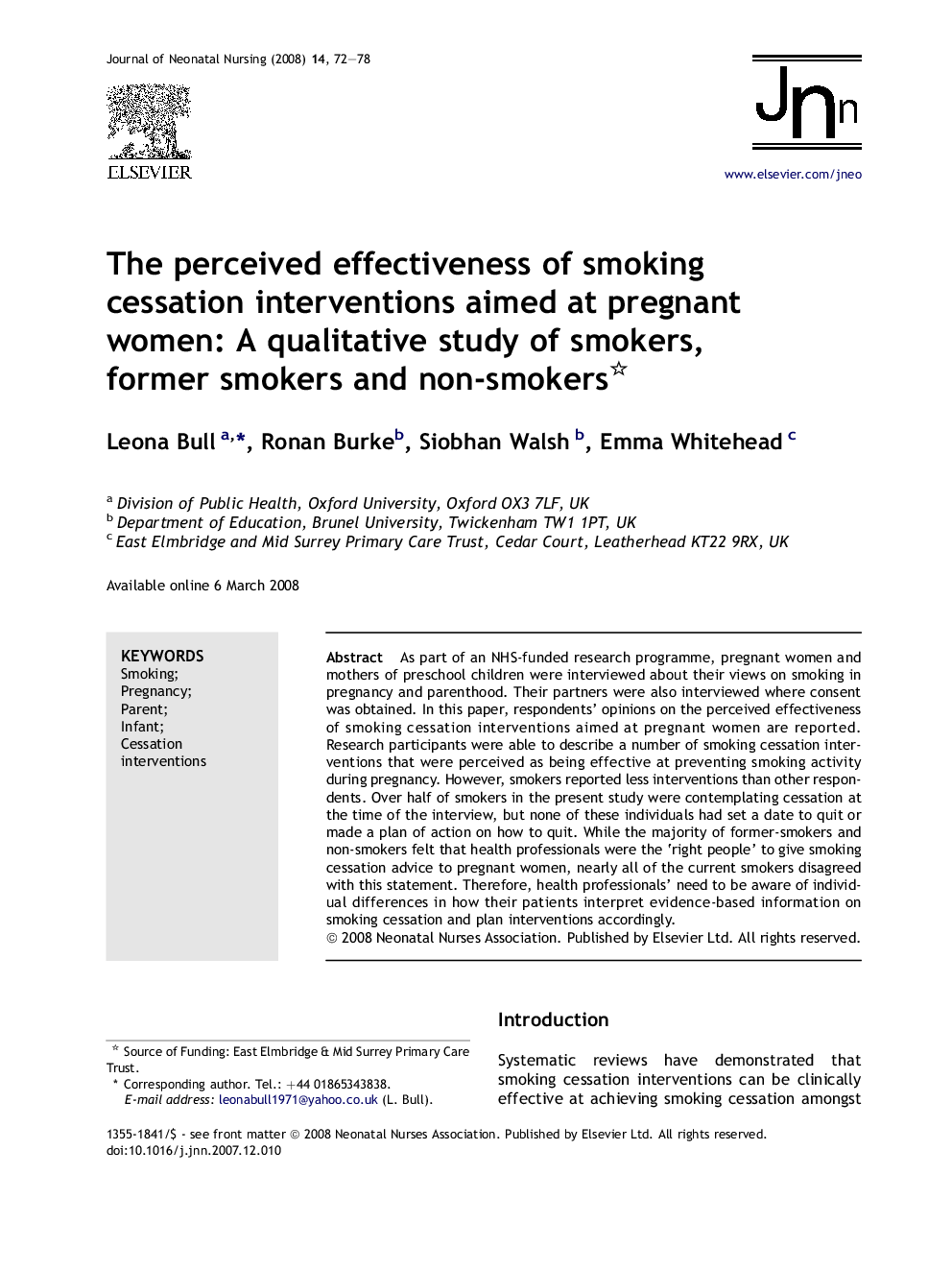 The perceived effectiveness of smoking cessation interventions aimed at pregnant women: A qualitative study of smokers, former smokers and non-smokers 