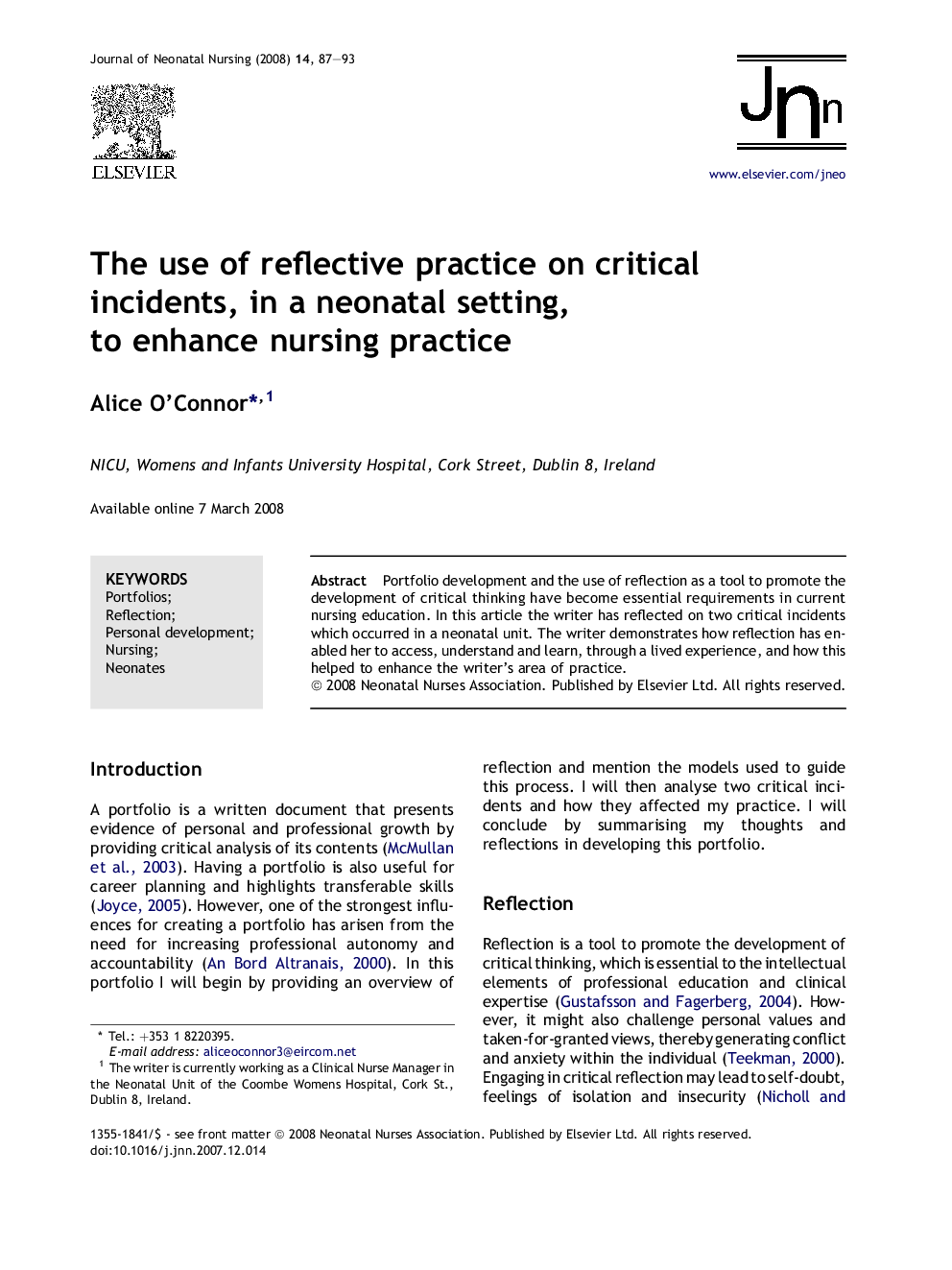 The use of reflective practice on critical incidents, in a neonatal setting, to enhance nursing practice