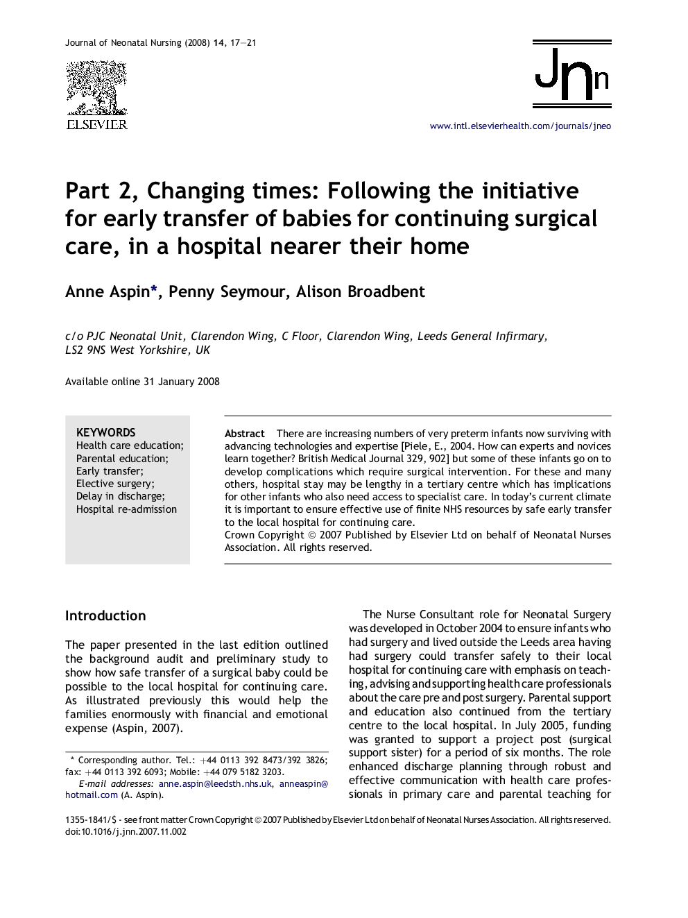 Part 2, Changing times: Following the initiative for early transfer of babies for continuing surgical care, in a hospital nearer their home