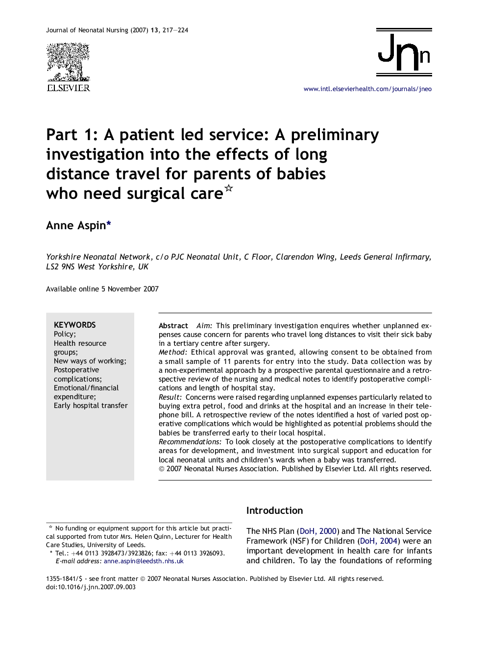 Part 1: A patient led service: A preliminary investigation into the effects of long distance travel for parents of babies who need surgical care