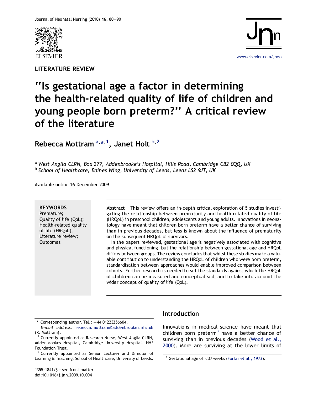 “Is gestational age a factor in determining the health-related quality of life of children and young people born preterm?” A critical review of the literature