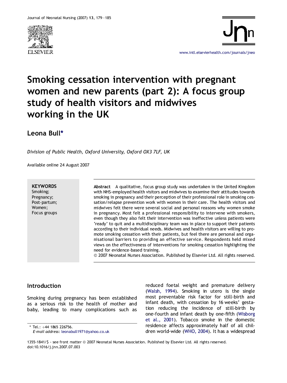 Smoking cessation intervention with pregnant women and new parents (part 2): A focus group study of health visitors and midwives working in the UK