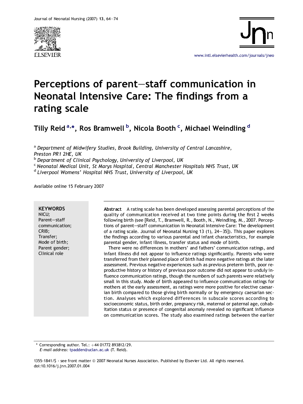 Perceptions of parent–staff communication in Neonatal Intensive Care: The findings from a rating scale