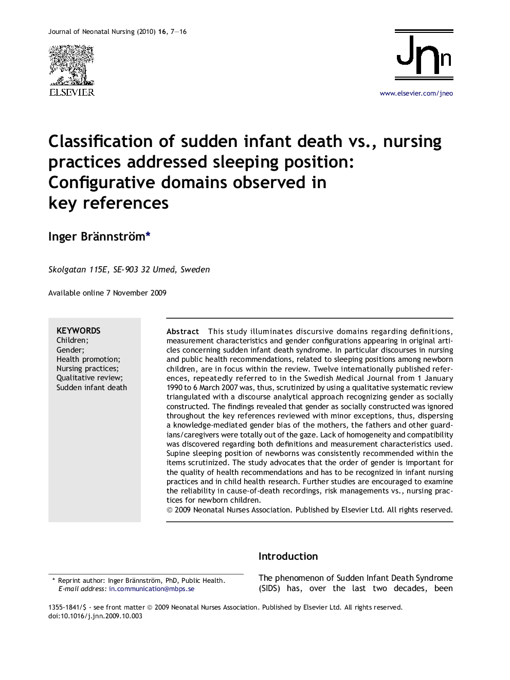 Classification of sudden infant death vs., nursing practices addressed sleeping position: Configurative domains observed in key references