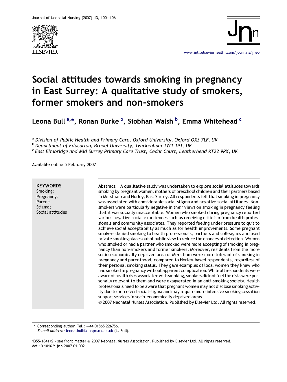 Social attitudes towards smoking in pregnancy in East Surrey: A qualitative study of smokers, former smokers and non-smokers
